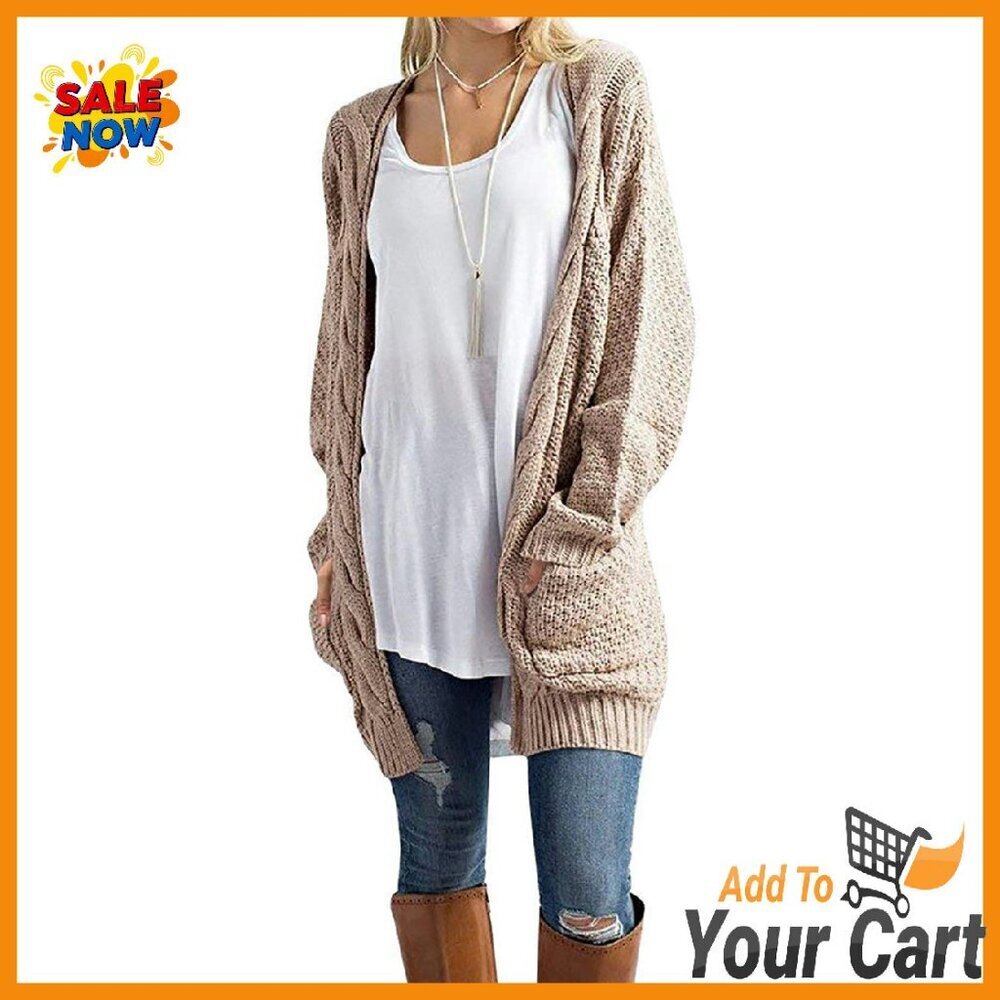 Loose Fit Cable Knit Cardigan with Pockets, Long Sleeve Open Front Sweater